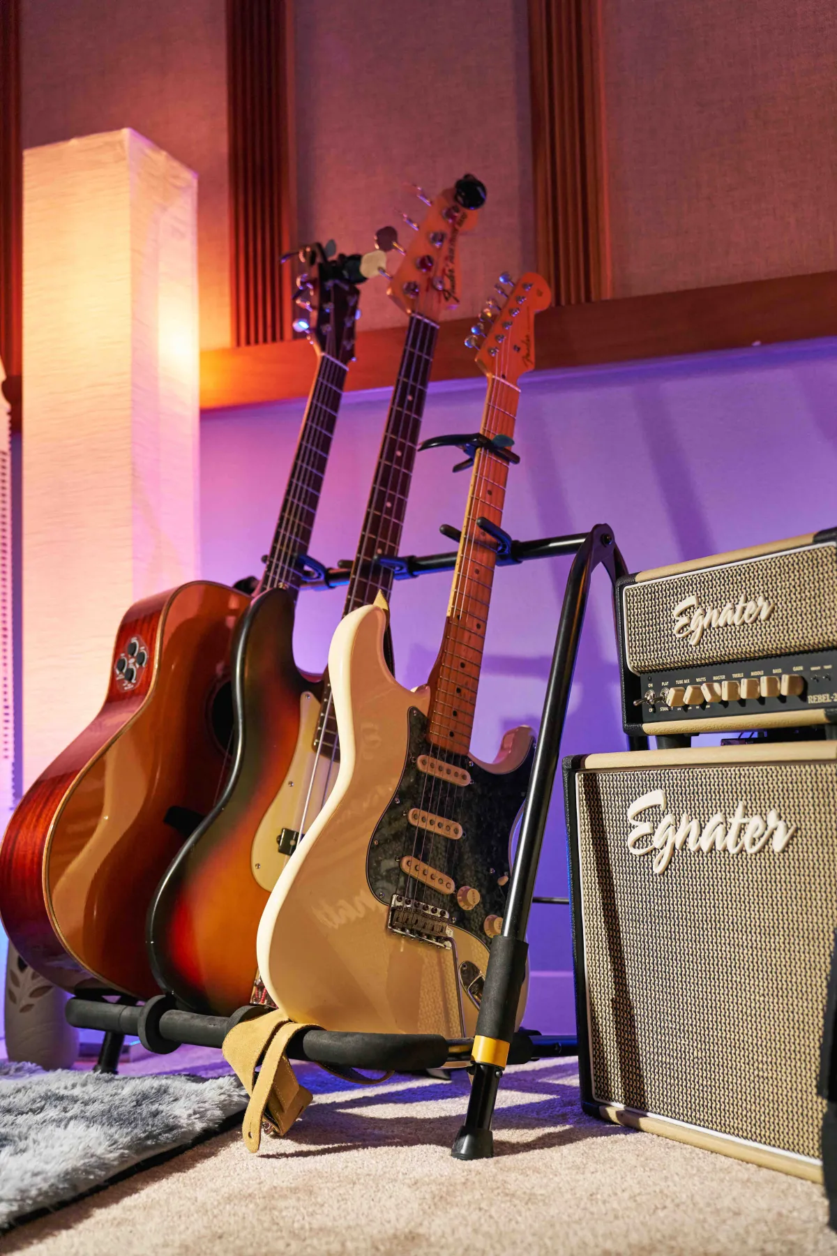 Studio guitar collection ready for a writing session